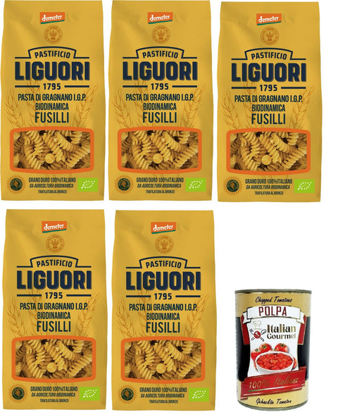 Pastificio Liguori, Pasta di Gragnano IGP Biodinamica, Fusilli Biodynamic Gragnano Pasta with IGP 5 x 400 g + Italian Gourmet Polpa 400 g