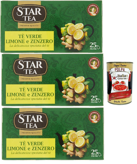 Tè Star Green Tea with Lemon and Ginger, Pack of 25 Filters, a Fine Blend with a Rich and Fascinating Flavour, 3 x 42.5 g + Italian Gourmet Polpa 400 g