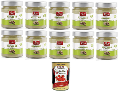 Pistì Crema Spalmabile al Pistacchio with "Pistacchio Verde di Bronte Dop" Pistachio Spread Cream with "Green Pistachios of Bronte Dop" 10 x 200 g + Italian Gourmet Polpa 400 g