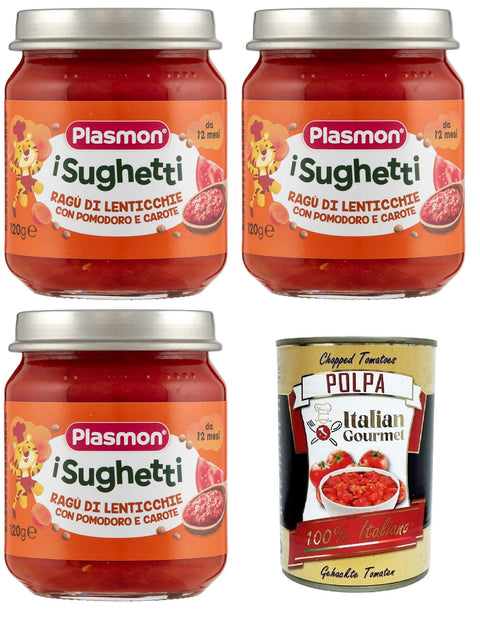 Plasmon I Sughetti Ragù di Lenticchie, Pomodoro e Carote I Sughetti Lentil, Tomato and Carrot ragout 3 x 120 g + Italian Gourmet Polpa 400 g