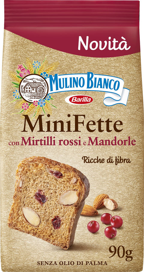 Mulino Bianco Mini Fats Biscottate con Farina Integrale, Mirtilli Rossi, Mandorle e Semi di Girasole Rusks with Whole Grain Flour, Cranberries, Almonds and Sunflower Seeds 90 g