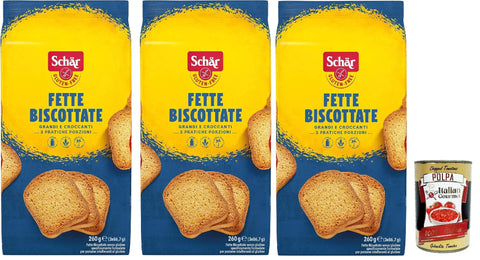 Schär, fat biscottate, senza glutine, rusks gluten-free, specially developed for people with gluten intolerance, 3 x 260 g + Italian gourmet polpa 400 g