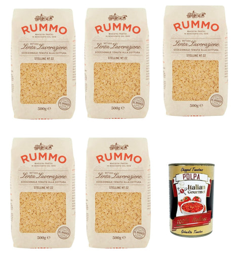 Rummo Stelline N°22 Pasta Lenta Lavorazione Pasta Made of Durum Wheat Semolina Bronze Drawing 5 x 500 g + Italian Gourmet Polpa 400 g