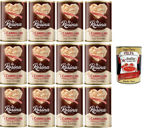 La Rosina Fagioli Cannellini al Naturale Natural Cannellini Beans, Legumes in 12 Cans of 400 g + Italian Gourmet Polpa 400 g