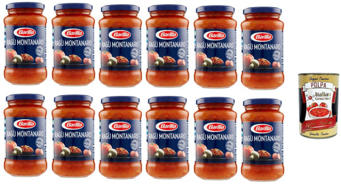 12 x Barilla Ragù Montanaro pasta sauce tomato sauce with sausage and mushrooms 400 g from Italy + Italian gourmet polpa 400 g