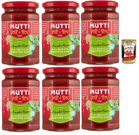 Mutti Sugo di pomodori con pomodoro rossoro e con "Basilico Genovese DOP, Tomato Sauce with Rossoro Tomatoes and with "Genovese Basil Dop", 6x 280g + Italian Gourmet Polpa 400g