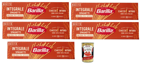 Barilla Integrale Spaghetti, Whole Grain Durum Wheat Noodles, Classic Spaghetti 100% Whole Grain, High-Fibre, al Dente 10 Min, Ideal for Tomato Sauces, Pesto & Vegetables, 5 x 500 g + Italian Gourmet