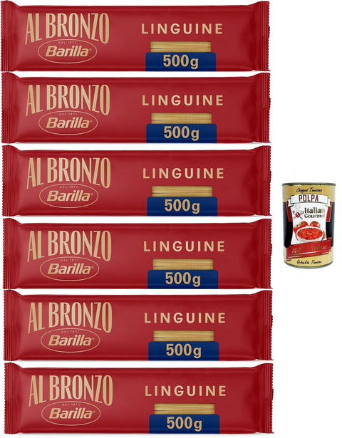 Barilla Al Bronzo Linguine - 6 x 500 g (3 kg) | Rough, Porous & Sauce Binding, Made from Durum Wheat Semolina, Premium Pasta Storage Pack, al Dente Approx. 11 Minutes + Italian Gourmet Polpa
