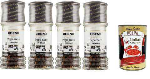Ubena, Pepe Nero in Grani, Black Peppercorns, 4 x 40 g Grinder Cap Format, + Italian Gourmet Polpa 400 g