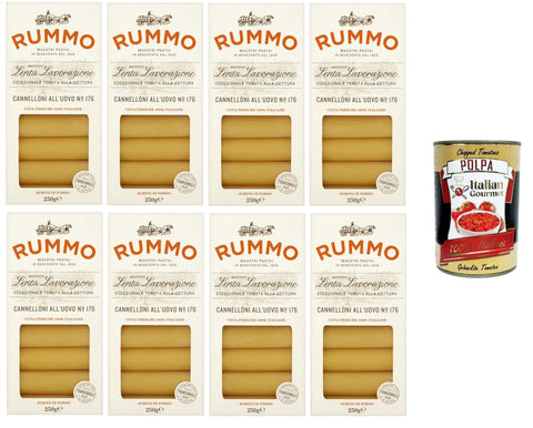 Rummo Cannelloni All'uovo Egg Cannelloni N°176 Slow Processing Method, Exceptional Cooking Resistance 8 x 250 g + Italian Gourmet Polpa 400 g