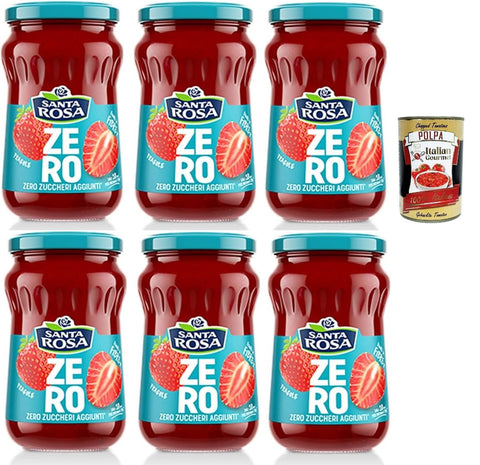 Santa Rosa, Zero Strawberry Jam, Light and Nutritious Delight, Ideal for Breakfast or Snack, Rich in Flavour and No Added Sugar, 6 x 300 g + Italian Gourmet Polpa 400 g