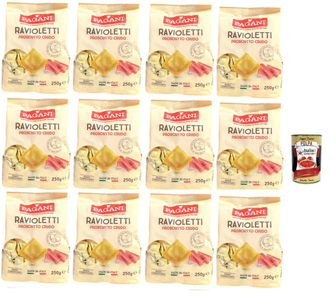 Pagani Ravioletti Prosciutto Crudo, Egg Noodles Pasta Filled with Hardened Ham, 12 x 250 g + Italian Gourmet Polpa 400 g