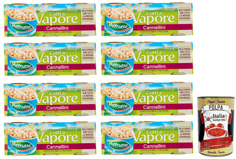 8 x Valfrutta Fagioli Cannellini Italiani, Italian Cannellini Beans, Legumes Vegetables Steam Cooking, Cans 3 x 150 g + Italian Gourmet Polpa di Pomodoro 400 g Tin