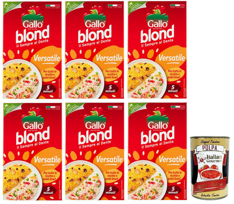 6 x Gallo Riso Blonde Versatile, 100% Italian Rice, Cooking Time 5 Minutes, Ideal for All Recipes, Pack of 1 kg + Italian Gourmet Polpa di Pomodoro 400 g Tin