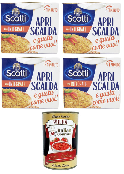 Riso Scotti, Riso Integrale Apri, scalda e gusta come vuoi Natural Rice Whole Grain Open, warm up and enjoy – as desired 4 x 200 g + Italian Gourmet polpa 400 g