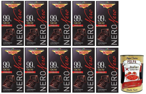 10 x Novi Nero Cioccolato Fondente Assoluto, Extra Dark Chocolate, 99% Cocoa, 75 g + Italian Gourmet Polpa di Pomodoro 400 g Tin