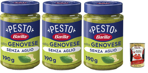 Barilla Pesto alla Genovese SENZA AGLIO 190 g - Pack of 3 | Mild Creamy, Ideal for Pasta, Bruschetta & Dips, Italian Quality + Italian Gourmet Polpa