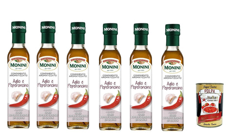 6 x Monini Flavoured Garlic and Chilli Spice Based on Extra Virgin Olive Oil 250 ml + Italian Gourmet Polpa 400 g