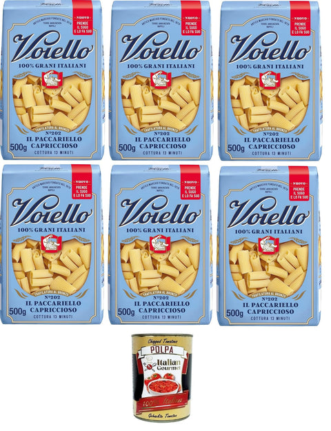 Voiello Il Paccariello Capriccioso No. 202 - 100% Italian Wheat, Bronze-Drawn, Premium Pasta from Gragnano, 6 x 500 g + Italian Gourmet Polpa 400 g