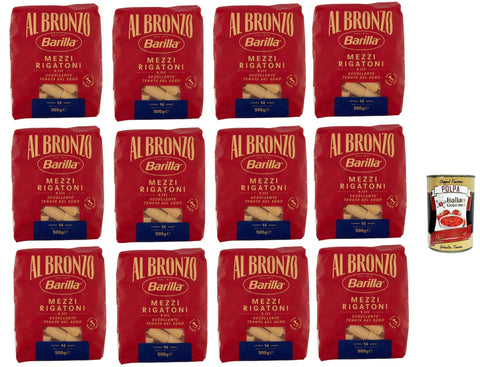 Barilla Al Bronzo Mezzi Rigatoni 12 x 500 g - 6 kg Storage Pack with Rough Bronze Texture for Perfect Sauce Content, Boil-Stable al Dente, 100% Durum Wheat Semolina - Original from Italy + Italian