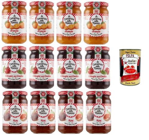 Le Conserve Della Nonna Test Pack Confetture di Ciliegie, Arancia, Fichi Cherry, Orange and Fig Jam 12 Jars + Italian Gourmet Polpa 400 g