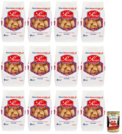 12 x Russo Paccheri N°26 Durum Wheat Semolina Pasta, 100% Italian Wheat, 500 g Pack + Italian Gourmet Polpa di Pomodoro 400 g Tin