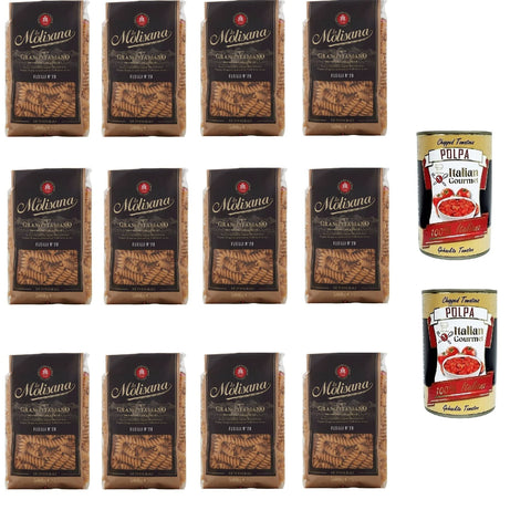 12 x Pasta La Molisana Integrale, Whole Grain Pasta Fusilli n.28 Short Noodles, Only Italian Wheat - 500 g + 2 x Italian Gourmet POlpa 400 g