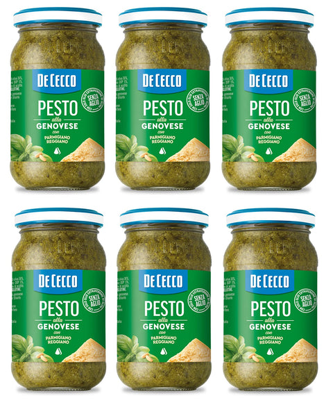 6 x De Cecco Pesto alla Genovese con Parmigiano Reggiano Senza Aglio Pesto with Fresh Basil, Parmigiano Reggiano without Garlic 190 g Italian Sauce