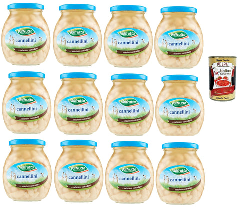 Valfrutta Fagioli Cannellini Italiani, Italian Cannellini Beans, Legumes, Vegetables, Steaming, Glass, 12 x 360 g + Italian Gourmet Polpa di Pomodoro 400 g Tin