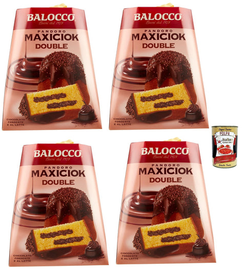 Balocco Pandoro MAXICIOK Double 4 x 800 g - Italian Christmas Cake with Double Chocolate Cream (Dark & Whole Milk), Chocolate Glaze & Crunch + Italian Gourmet Polpa 400 g