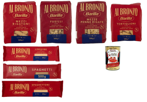 Barilla Al Bronzo Pasta Mix - 7 x 500 g (Mezzi Rigatoni, Fusilli, Mezze Penne, Tortiglioni, Linguine, Spaghetti, Spaghettoni) - Rough Bronze Finish, Sauce Friendly + Italian Gourmet Polpa