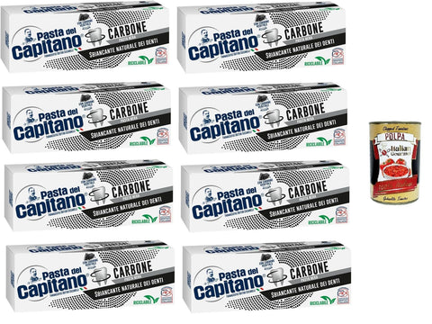 Pasta del Capitano Dentifricio Carbone Toothpaste Activated Vegetable Charcoal Natural Whitening in Black Paste 8 x 100 ml + Italian Gourmet Polpa 400 g