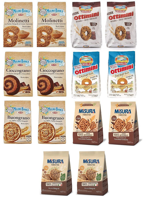 Kit Whole Grain Biscuits Mulino Bianco 2x Molinetti + 2x Cioccograno + 2x Buongrano + Divella 2x Ottimini + 2x Ottimini Gocce di Cioccolato + Misura 2x Biscotti Gocce di Cioccolato + 2x Biscotti