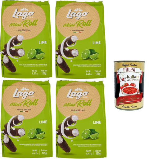 Lago 1968 Mini Roll Lime - Mini Roll Waffle Cannoli Filled with 66% Lime Cream 4 x 125 g + Italian Gourmet Polpa 400 g