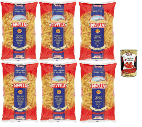 Divella Pasta 100% Italian Fusilli 40, Durum Wheat Semolina Pasta, Cooking 10 Minutes 6 x 500 g + Italian Gourmet Polpa 400 g