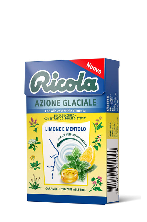 Ricola, Balsamic Candies with Herbs, Sugar Free, Lemon and Menthol Flavour Ice Action – 50 g Box