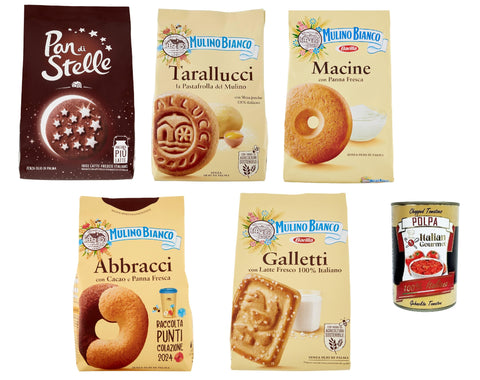 Mulino Bianco Biscotti Test Pack 5 x 350 g Italy Biscuits Cookies Cakes, Breakfast Biscuits, Cocoa Biscuit Hazelnuts and 100% Fresh Milk + Italian Gourmet Polpa 400 g
