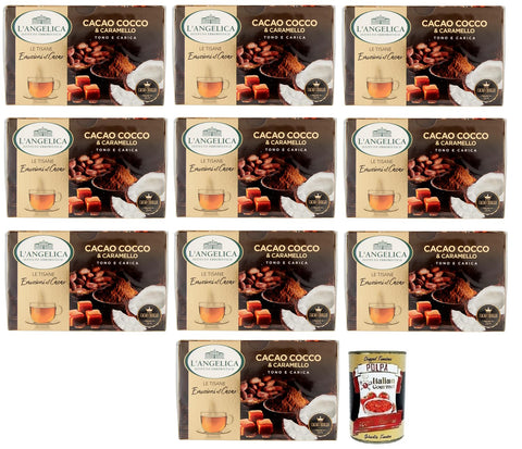 10 x L'Angelica Tisana al Cacao, Cocco e Caramello, Herbal Tea from Cocoa, Coconut and Caramel, Pack of 15 Filters + Italian Gourmet Polpa di Pomodoro 400 g Tin
