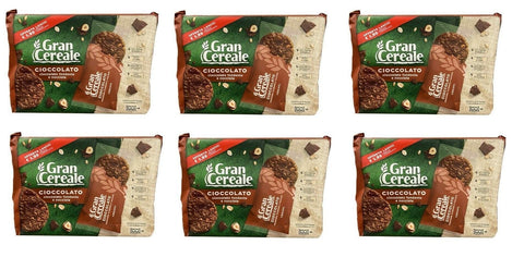 6 x Barilla Mulino Bianco Gran Cereale Cioccolato Biscuits with Dark Chocolate and Hazelnuts 216 g Biscuits (6 x 4 Biscuits) without Palm Oil 100% Whole Grain Flour