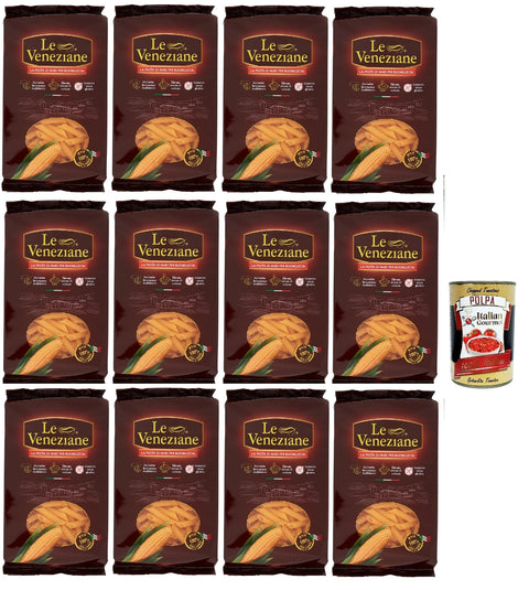 Le Veneziane Pasta di Mais Penne Rigate, Senza Glutine, 100% Italian Corn Noodles, Gluten Free, 12 x 250 g + Italian Gourmet Polpa 400 g