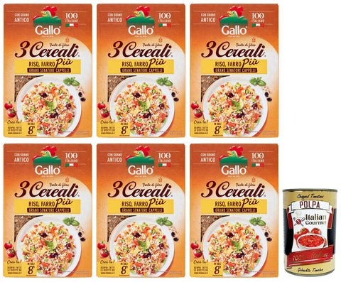 6 x Riso Gallo 3 Cereali Mix of Rice, Spelt and Wheat Senatore Cappelli, 100% Italian Rice Ideal for Soups and Risottos 400 g Pack + Italian Gourmet Polpa di Pomodoro 400 g Tin