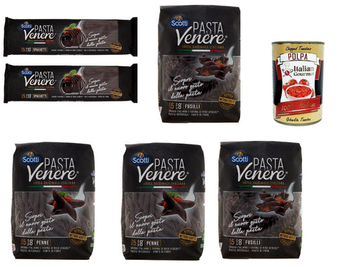 Riso Scotti Pasta Venere Test Pack Spaghetti Fusilli Penne, Pasta Made of Durum Wheat Semolina and Black Venere Whole Grain Ice Flour, Pack of 6 x 400 g + Italian Gourmet Polpa di Pomodoro 400 g Tin