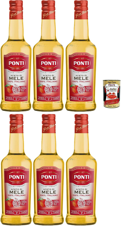 Ponti, Aceto di Mele 100% Italiane, Apple Cider Vinegar with a Gentle and Harmonious Taste, 5% Acid, Ideal for Flavouring Your Salads and Meat, 6 x 500 ml + Italian Gourmet Polpa 400 g