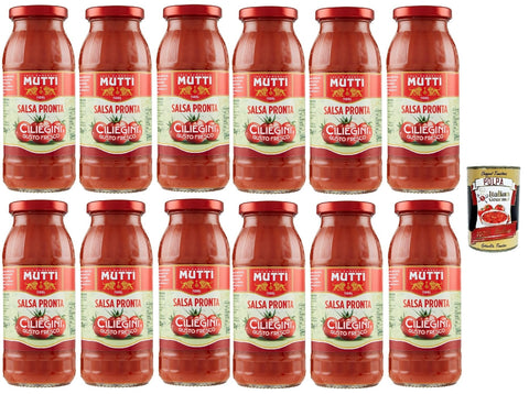 Mutti Salsa Pronta Ciliegini Gusto Fresco Ready Sauce Cherry Tomato Italian Tomato Glass Bottle 12 x 300 g + Italian Gourmet Polpa 400 g