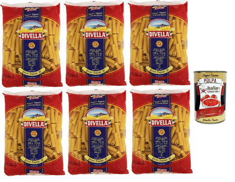 Divella Pasta 100% Italian Zitoni Tagliati n. 31, Pasta from Durum Wheat Semolina, Cooking 9 Minutes 6 x 500 g + Italian Gourmet Polpa 400 g