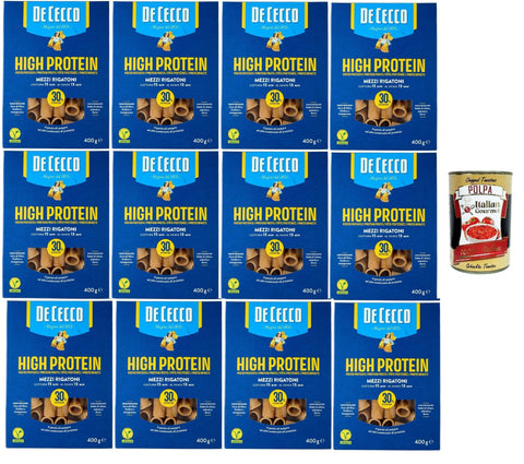 De Cecco Mezzi Rigatoni No. 26, High Protein, Italian Durum Wheat Noodles, 12 Packs of 400 g, Pasta Made from 100% Italian Durum Wheat + Italian Gourmet Polpa 400 g