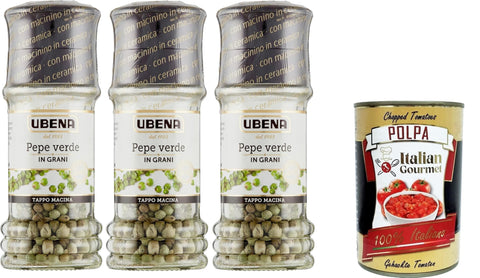 Ubena, Pepe Verde in Grani, Green Peppercorns, Ideal for Seasoning Creams and Meat and Vegetable Based Dishes, 3 x 12 g Grinding Cap Format, Italian Gourmet Polpa 400 g