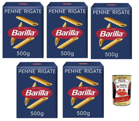 Barilla Pasta Classic Penne Rigate n.73 Made of High-Quality Durum Wheat Always al Dente (5 x 500 g) + Italian Gourmet Polpa 400 g