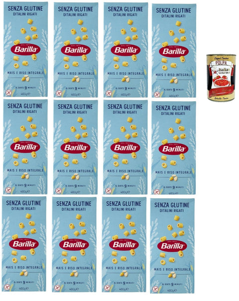 Barilla Senza Glutine Ditalini Rigati - 12 × 400 g Gluten-Free Pasta Made from Corn & Whole Grain Rice, al Dente in 9 Minutes, Ideal for Soups & Minestrone + Italian Gourmet Polpa