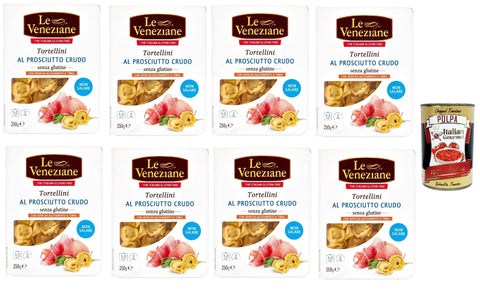8 x Le Veneziane Tortellini Prosciutto Crudo Senza Glutine, Raw Ham Tortellini Gluten Free, Pasta Noodles Gluten-Free 250 g + Italian Gourmet Polpa 400 g